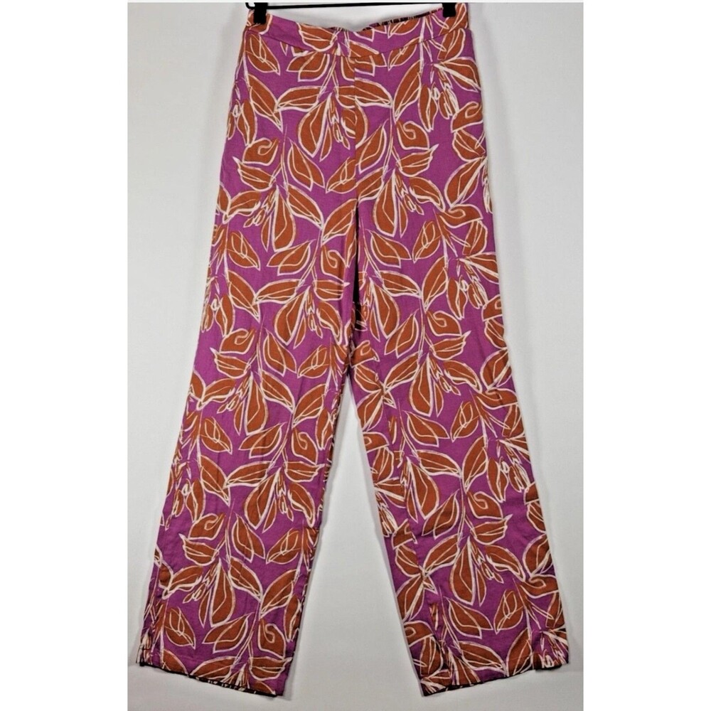 HG Pants Womens Medium Purple Orange Leaf Print Linen Blend‎ Wide Leg Boho